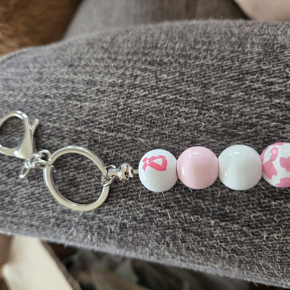 Pink and White Beaded Breast Cancer Keychain